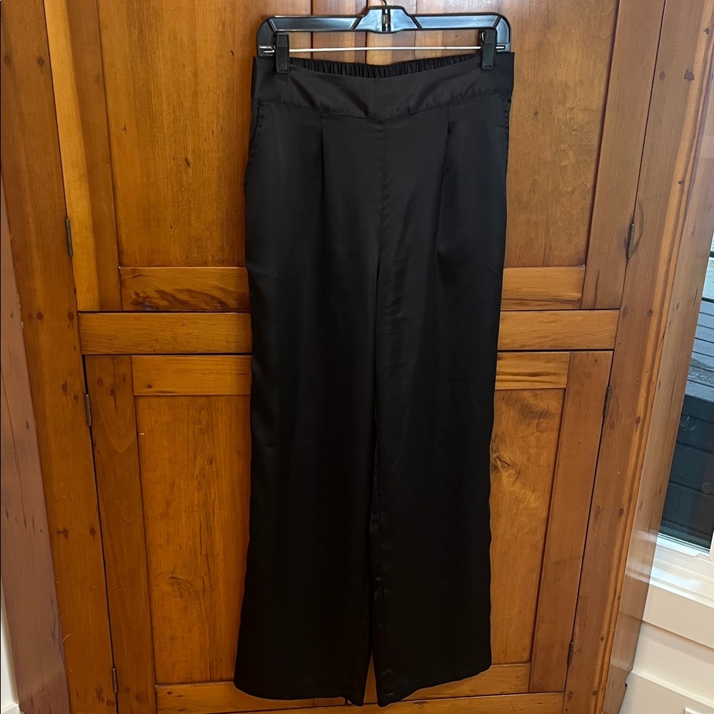 J. McLaughlin Polyester Satin Black Wide Leg Flare Pants, Size Medium